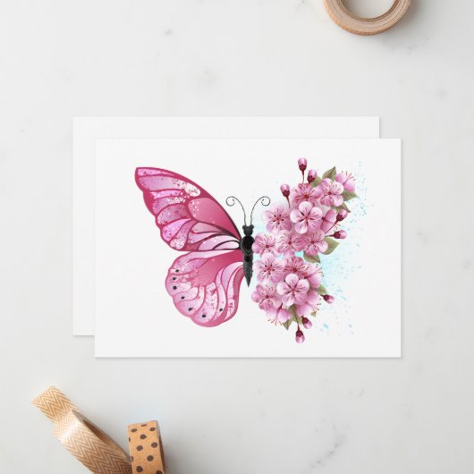 Bloemvink met roze Sakura Notitiekaartje (Voorkant / Achterkant in situ)