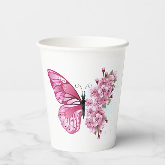 Bloemvink met roze Sakura Papieren Bekers (Achterkant)