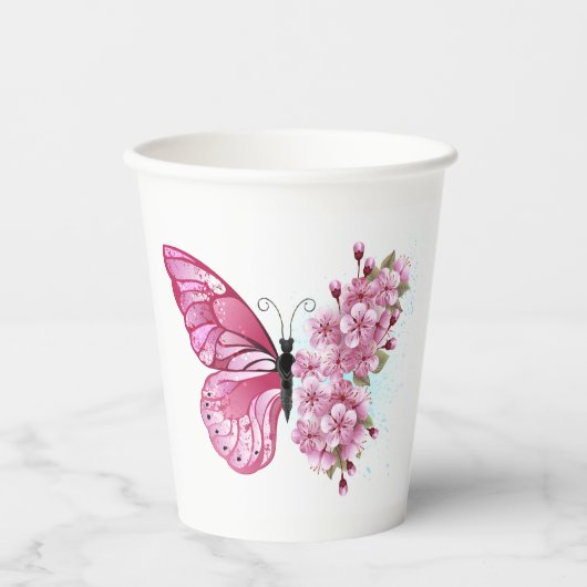 Bloemvink met roze Sakura Papieren Bekers (Voorkant)