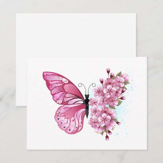 Bloemvink met roze Sakura RSVP Kaartje (Voorkant / Achterkant)