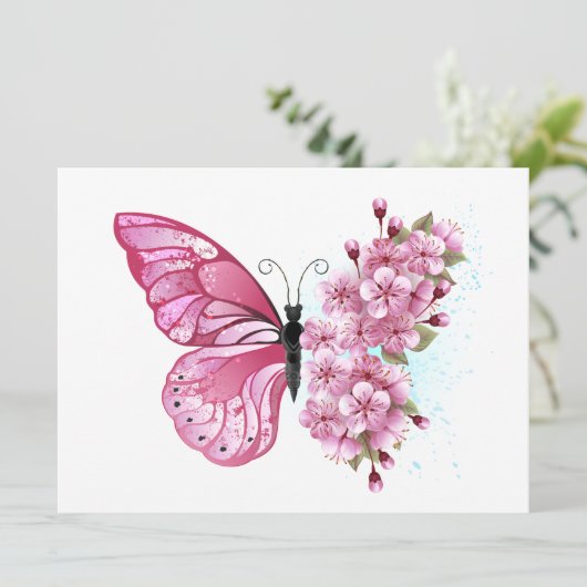 Bloemvink met roze Sakura Save The Date (Staand voorkant)