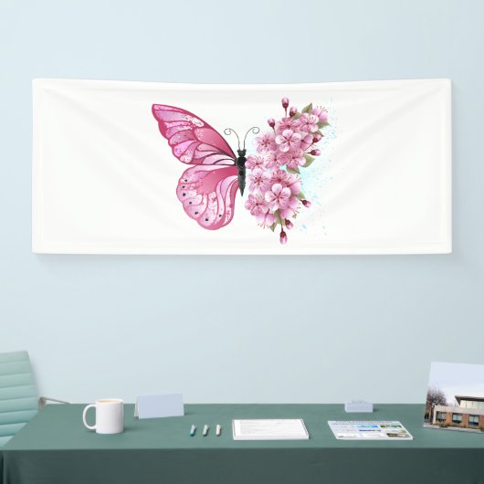 Bloemvink met roze Sakura Spandoek (Beurs)