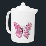 Bloemvink met roze Sakura Theepot<br><div class="desc">Langwerpige opstelling van roze vlinder met roze Japanse kersbloesems op witte achtergrond.</div>