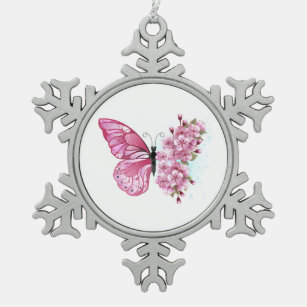 Bloemvink met roze Sakura Tin Sneeuwvlok Ornament