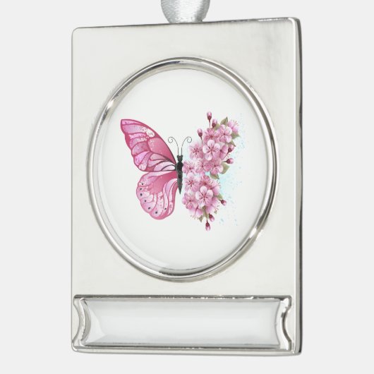 Bloemvink met roze Sakura Verzilverd Banner Ornament (Links)