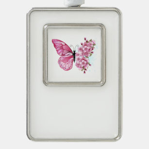 Bloemvink met roze Sakura Verzilverd Omlijst Ornament