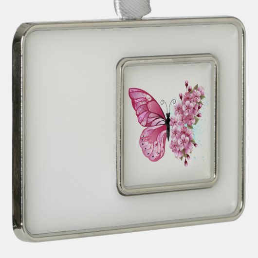 Bloemvink met roze Sakura Verzilverd Omlijst Ornament (Rechts)