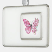 Bloemvink met roze Sakura Verzilverd Omlijst Ornament (Links)