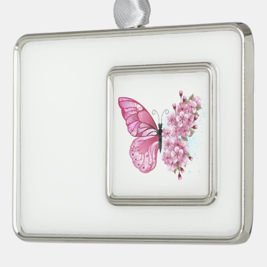 Bloemvink met roze Sakura Verzilverd Omlijst Ornament (Links)