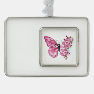 Bloemvink met roze Sakura Verzilverd Omlijst Ornament