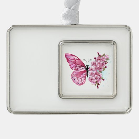 Bloemvink met roze Sakura Verzilverd Omlijst Ornament (Voorkant)