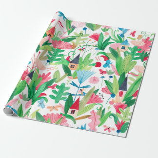 Bloemvlakken en planten met kleine huizen, maar cadeaupapier