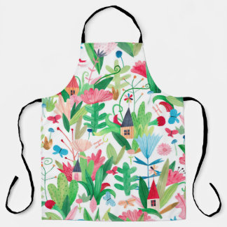 Bloemvlakken en planten met kleine huizen, maar schort