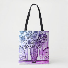 Bloemvlakkige Paarse blauwe vlaskunst Tote Bag