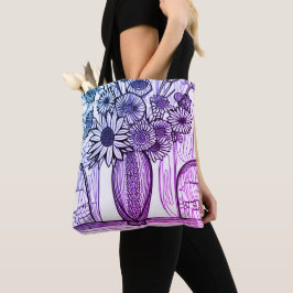 Bloemvlakkige Paarse blauwe vlaskunst Tote Bag