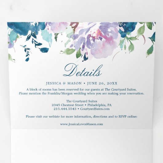 Bloemvliesmarine Wedding Tri-Fold Invitations Drieluik Uitnodiging (Binnenzijde eerst)