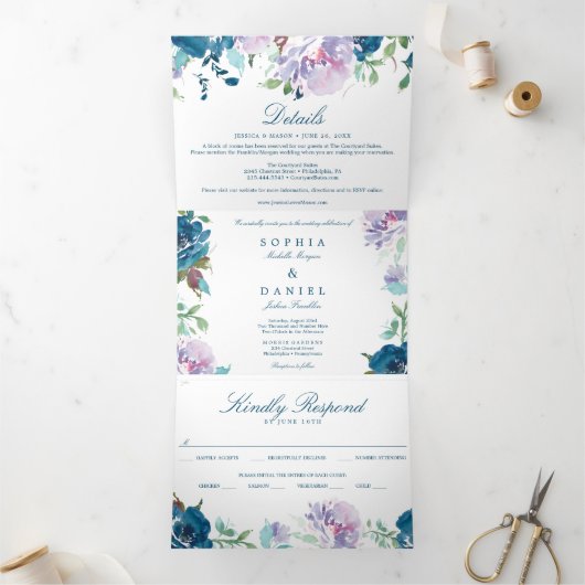 Bloemvliesmarine Wedding Tri-Fold Invitations Drieluik Uitnodiging (Binnen)