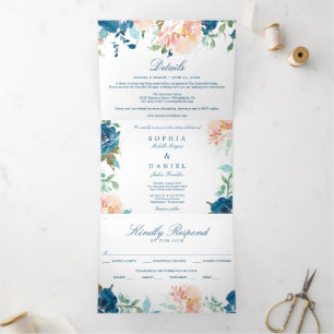 Bloemvliesmarine Wedding Tri-Fold Invitations Drieluik Uitnodiging