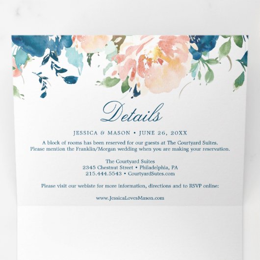 Bloemvliesmarine Wedding Tri-Fold Invitations Drieluik Uitnodiging (Binnenzijde eerst)