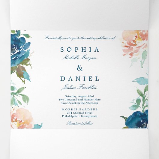 Bloemvliesmarine Wedding Tri-Fold Invitations Drieluik Uitnodiging (Binnenkant midden)