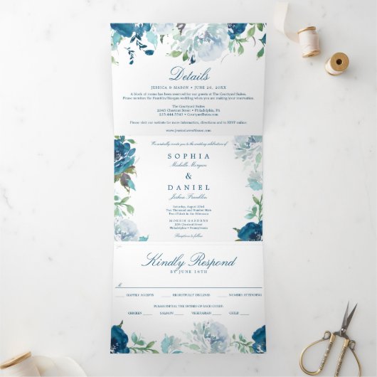 Bloemvliesmarine Wedding Tri-Fold Invitations Drieluik Uitnodiging (Binnen)