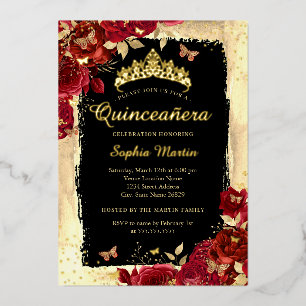 Bloemvlinder Goud Rood Zwart Quinceanera Folie Uitnodiging