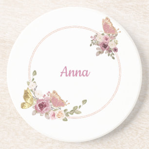 Bloemvlinder Rose Goud – Elegant Aangepast Ontwerp Zandsteen Onderzetter