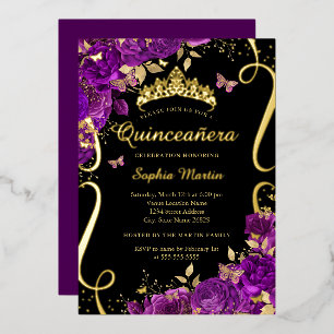 Bloemvlinder Scroll Paars Zwart Quinceanera Folie Uitnodiging