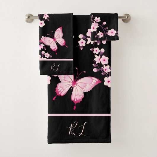 Bloemvlinder Zwart Roze Monogram Bad Handdoek (Insitu)