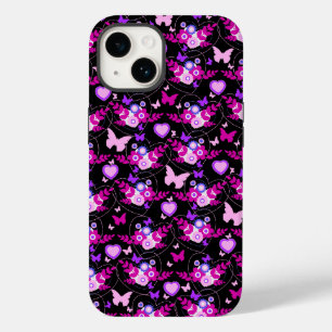 Bloemvlinders & harten roze zwart iPhone 14 hoesje