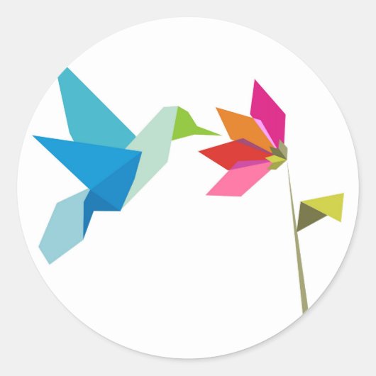 Bloemvogel en bloem van origami ronde sticker (Voorkant)