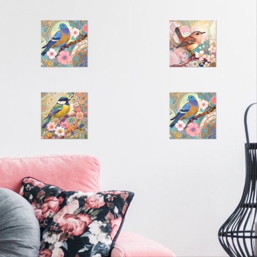 Bloemvogels Pastel Roze Bloemen & Vogelkunst Muurkunst Sets (Woonkamer)