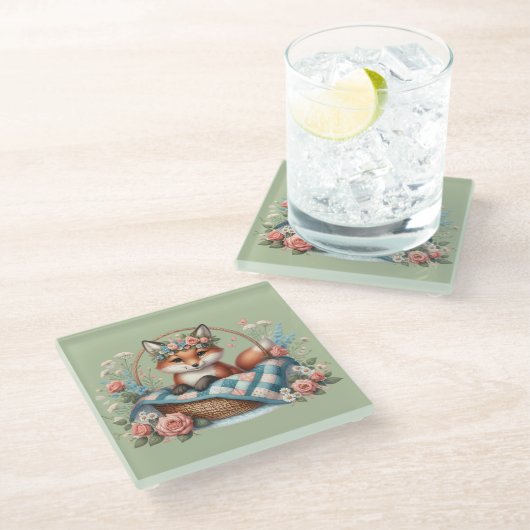 Bloemvos in mandje met Quilt & Flowers Glazen Onderzetter (Schuin)