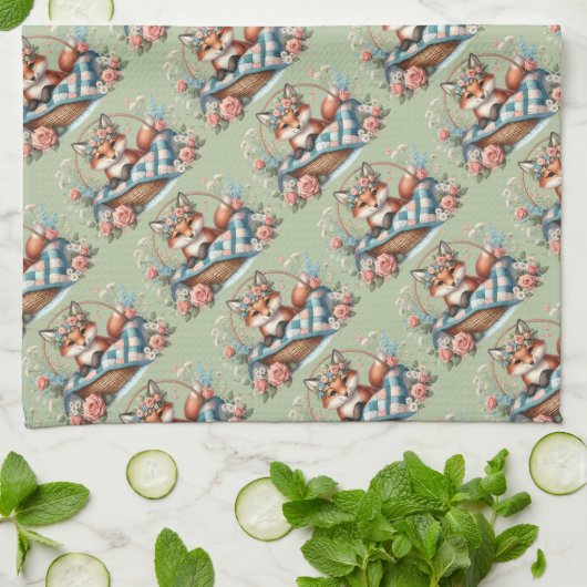 Bloemvos in mandje met Quilt & Flowers Theedoek (Gevouwen)