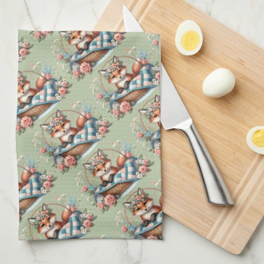 Bloemvos in mandje met Quilt & Flowers Theedoek (Quarter Fold)