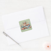 Bloemvos in mandje met Quilt & Flowers Vierkante Sticker (Envelop)