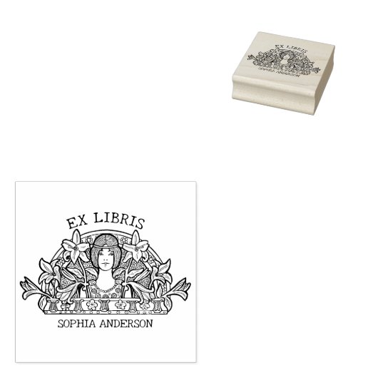 Bloemvrouw Bibliotheek Boek Ex Libris Rubberstempel (Gestempeld)