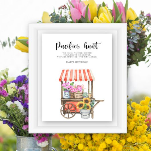 Bloemwagen baby shower - fopspeen jacht spel poster