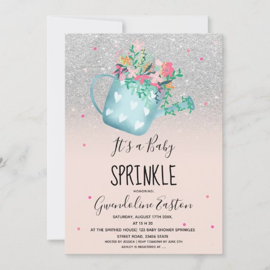 Bloemwater kan zilveren baby strooien douche kaart (Voorkant)