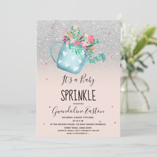 Bloemwater kan zilveren baby strooien douche kaart (Staand voorkant)