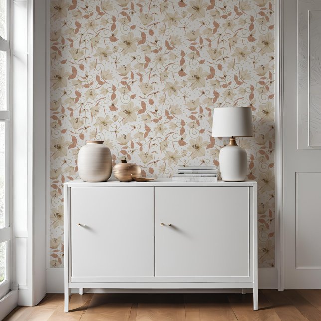 Bloemwit beige lelie botanisch patroon behang (Creator heeft geüpload)