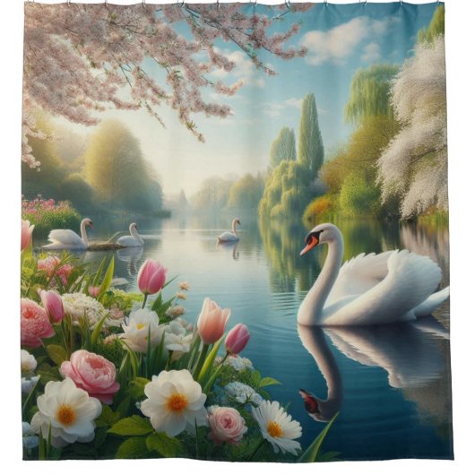Bloemzwanenmeerveer kunstwerk douchegordijn (Voorkant)