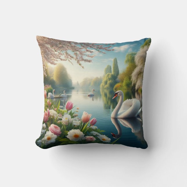 Bloemzwanenmeerveer kunstwerk kussen (Voorkant)