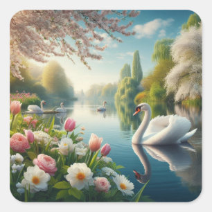 Bloemzwanenmeerveer kunstwerk vierkante sticker