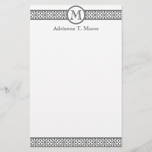 Bloemzwart wit monogram Initiaal briefpapier (Voorkant)