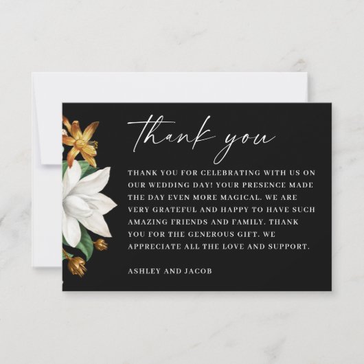 Bloesem camellia. Zwarte bloemenbruiloft Bedankkaart (Voorkant)