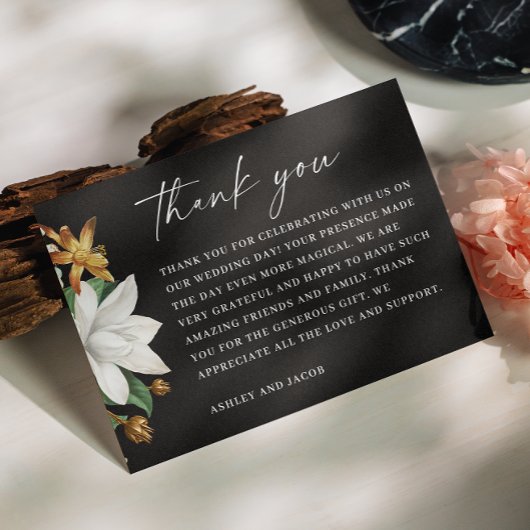 Bloesem camellia. Zwarte bloemenbruiloft Bedankkaart
