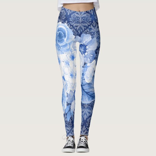Bloesem in stijl! Chique blauwe bloemenprint Leggings (Voorkant)