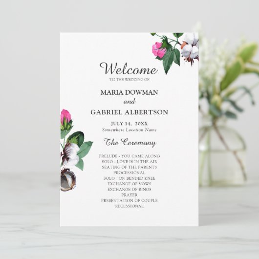 Bloesem katoenen bloem. Botanische bruiloft Programmakaart (Staand voorkant)