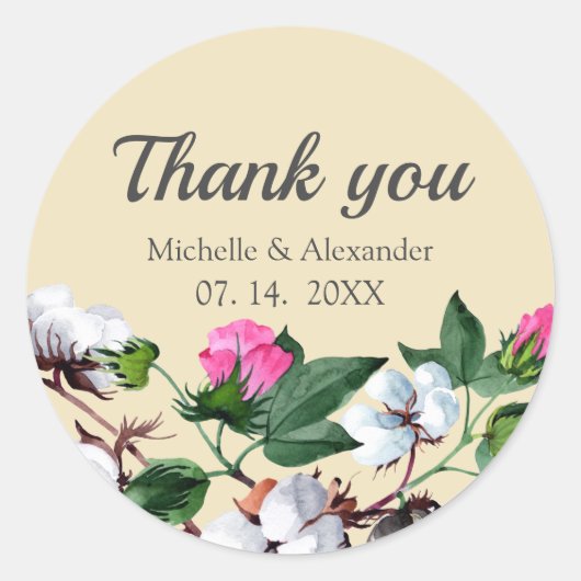 Bloesem katoenen bloem. Floral bruiloft dank u Ronde Sticker (Voorkant)